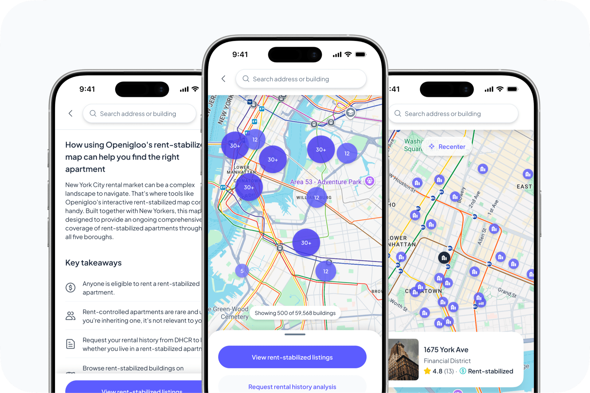 Openigloo rent-stabilized map app screens